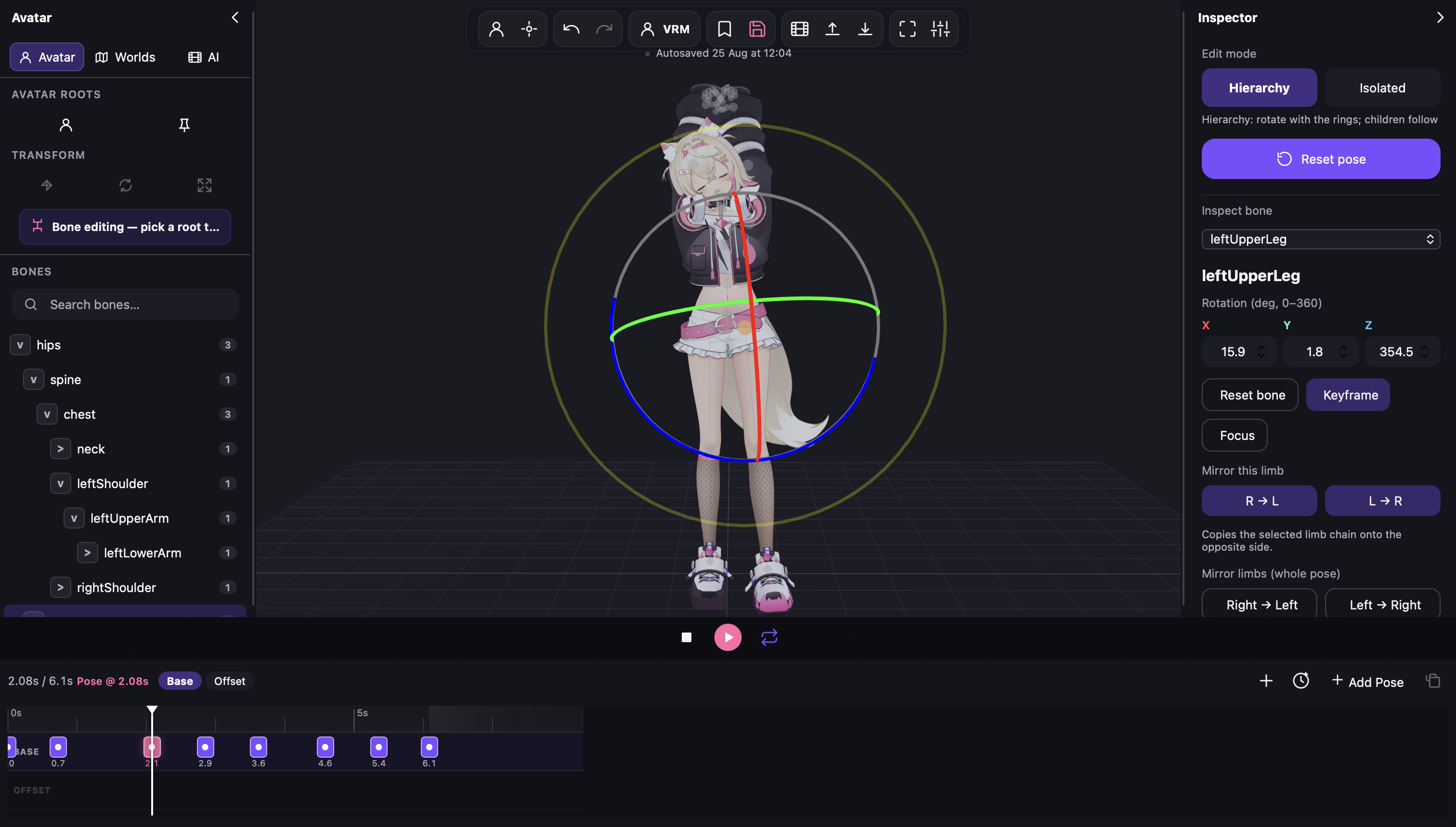 VRM avatar being posed with a rotation gizmo and keyframe timeline in AikoMate Animation Editor