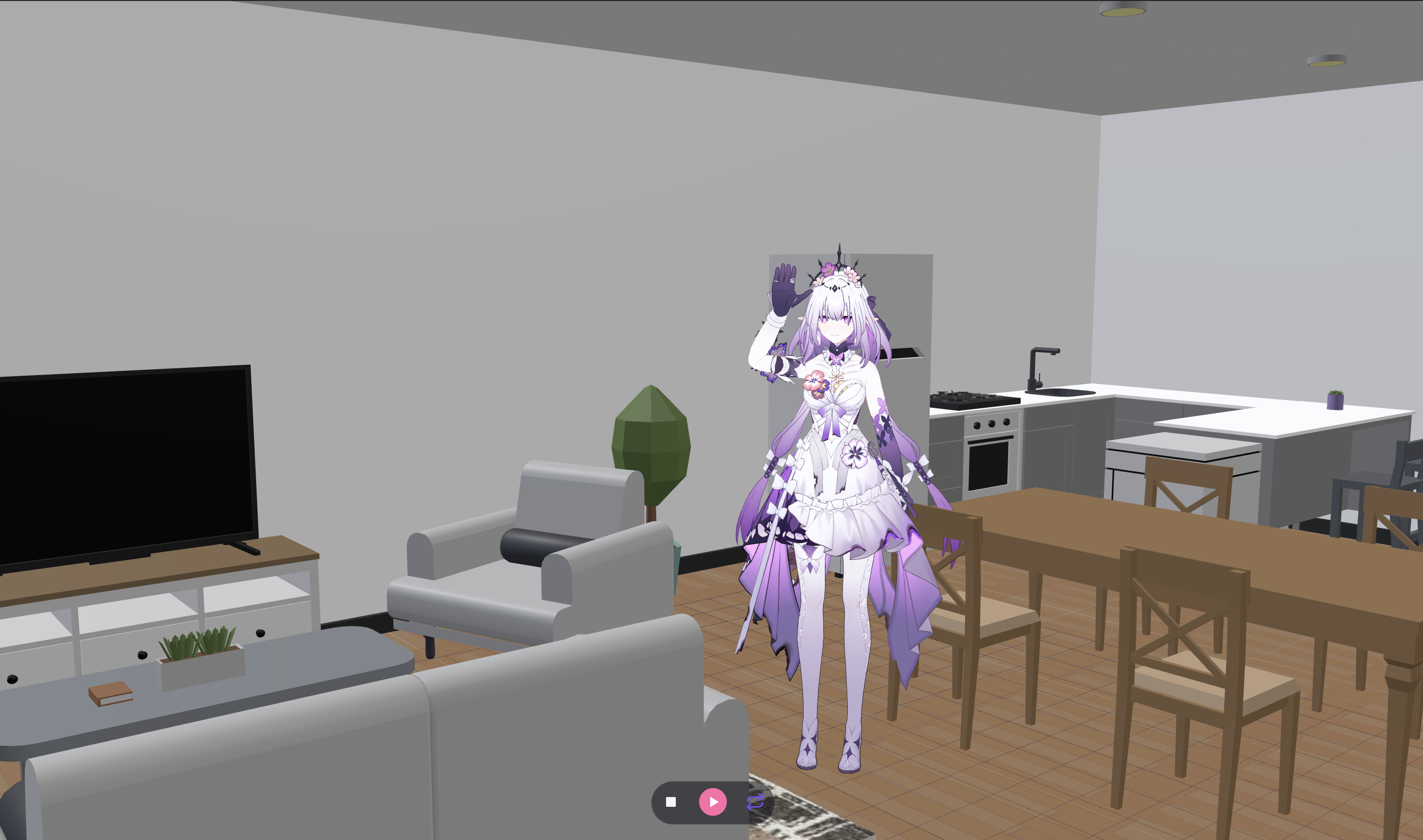 VRM avatar staged inside a furnished GLB world in AikoMate Animation Editor
